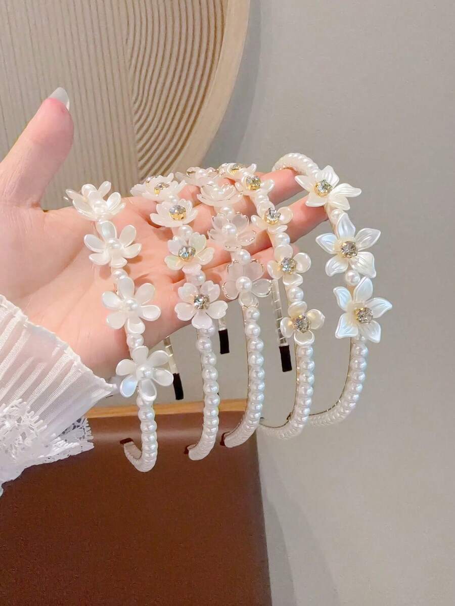 5件/1件裝 女款珍珠花飾髮箍,優雅水鑽花卉串珠髮圈,甜美新娘日常髮飾套裝 - 彩色 - 查看 1
