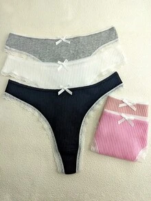 5入女款多彩螺紋蕾絲飾邊可愛蝴蝶結性感丁字褲 - 彩色 - 查看 5
