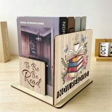 Wooden Bookends Coffee Floral Print Desktop Storage Rack Natural Wood Aesthetic Book Stand Compact Home Book Organizer Gift For Book Lovers - Champagne - View 8
