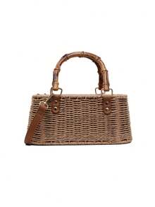 Minimalist Solid Color Straw Woven Bag, Niche Design Premium Texture Handbag, Versatile Popular Retro Crossbody Bag, Suitable For Vacation - Khaki - View 7