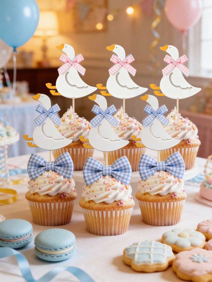 6/12 peças Toppers de Cupcake Divertidos de Ganso Azul & Rosa, Adequados para Chá de Bebé, Festa de Aniversário, Decorações de Festa de Revelação de Género e Mais. - Multicolorido - Ver 1