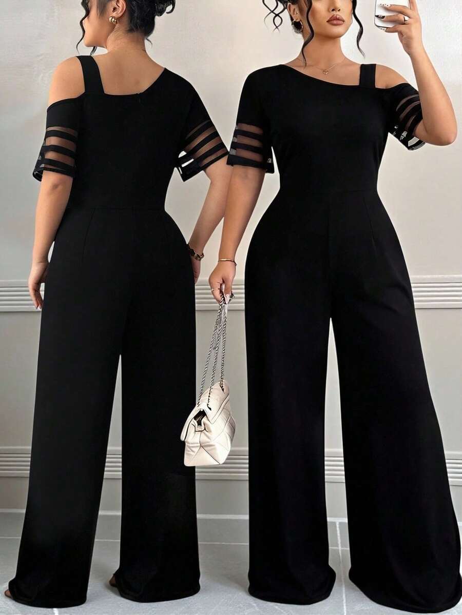 Plus Size Casual Jumpsuit For Women In A Solid Color With An Asymmetrical Minimalist Design - 黑色 - 查看 1