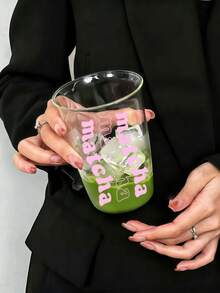 1pc-Classic Minimalist Transparent Matcha Print Wide Mouth Glass Cup, Durable Lightweight Daily Drinking Matcha Lover Glass Cup, Glass Drinkware, Large Capacity Cup - Multicolor - View 9