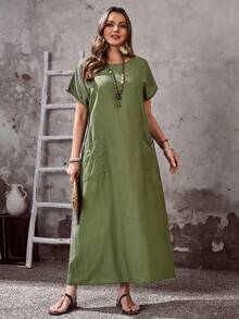 Vestido casual de manga corta con cuello redondo y bolsillo para mujer talla grande, primavera - Verde militar - Ver 6