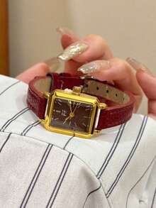 Roman Numeral Oval Full Rhinestone Watch For Women, Fashionable High-End Quartz Movement Versatile Wristwatch, 1pc - Red - View 2
