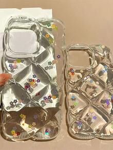 清新Ins風 3D菱格紋彩色花卉矽膠手機殼，適用於Apple 17 Pro Max、15、13 Pro、12/11、14 Pro，女性專用防震保護套 - 無色 - 查看 1