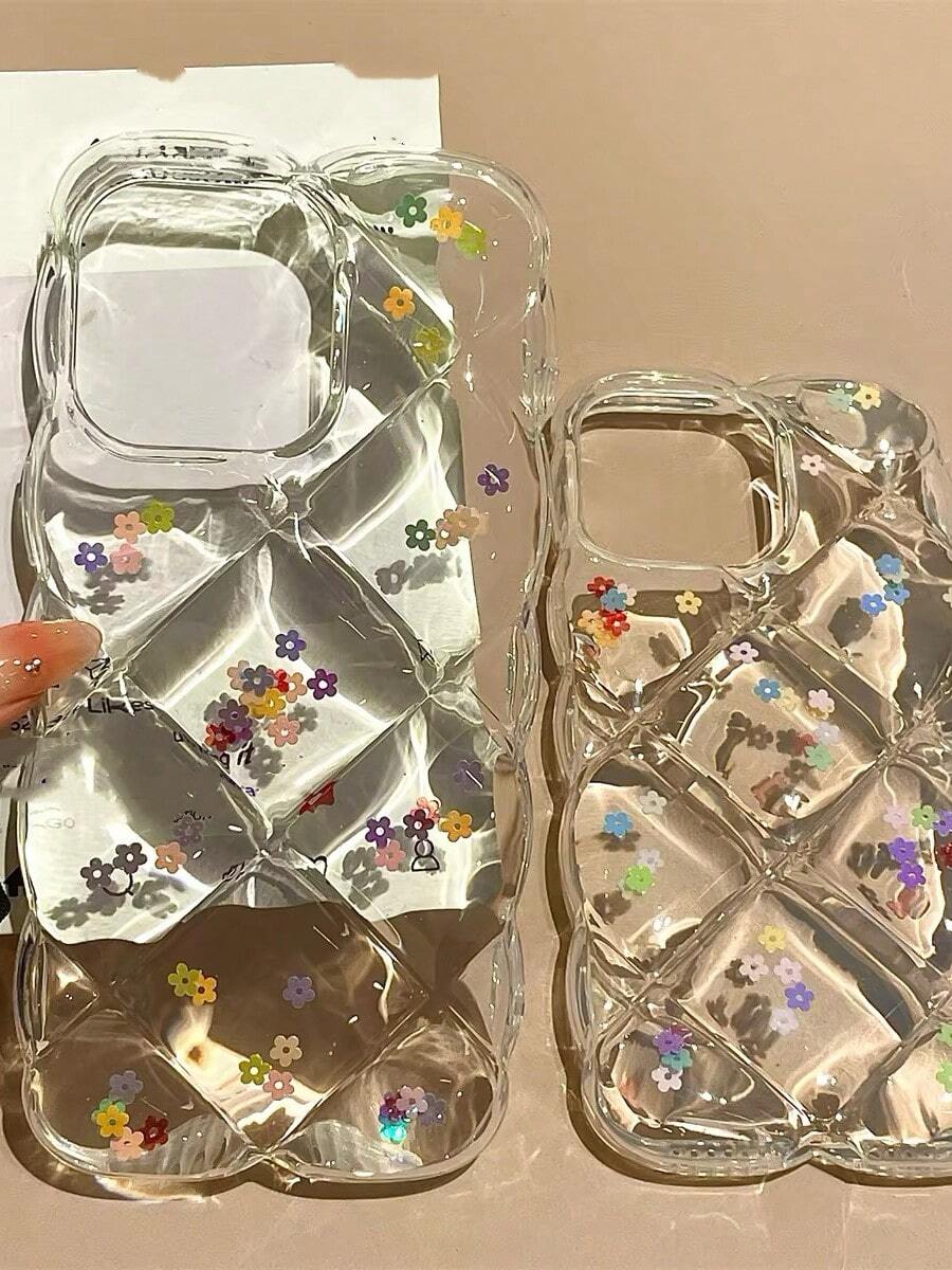 清新Ins風 3D菱格紋彩色花卉矽膠手機殼,適用於Apple 17 Pro Max、15、13 Pro、12/11、14 Pro,女性專用防震保護套 - 無色 - 查看 1