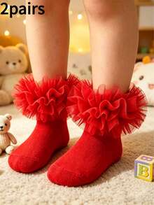 2 Pairs Baby Girls Ruffle Princess Socks With Fluffy Big Pleat Design - Multicolor - View 8