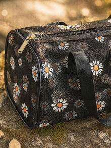 1pc Square Expanded Large Capacity Breathable Mesh Storage Bag, Lightweight Dirt-Resistant Mesh Fabric Tote, Minimalist Retro Niche Style, Pure Black Mesh With White Daisy Print, Full-Length Zipper Closure, Wide Webbing Handle, 3D Body Shape, Fitness Swimming Makeup Organizer - Multicolor - View 10