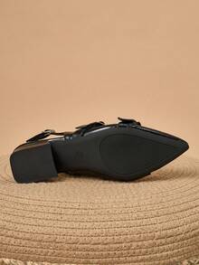 Women's Flat Pointed Toe Studded Chunky Low Heel Closed Toe Slippers College Style Mule Shoes - Black - View 5