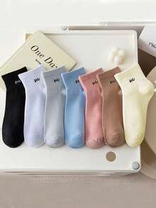 1/4/7/9/14 Pairs (Random Mixed Colors) Women's Minimalist Solid Color Versatile Letter Print Short Socks/Mid-Calf Socks, Suitable For Daily Wear And Outfits - Multicolor - View 2