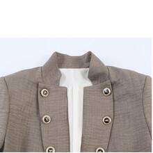 Stand Collar Double-Breasted Gold Button Short Blazer - Grey - View 8