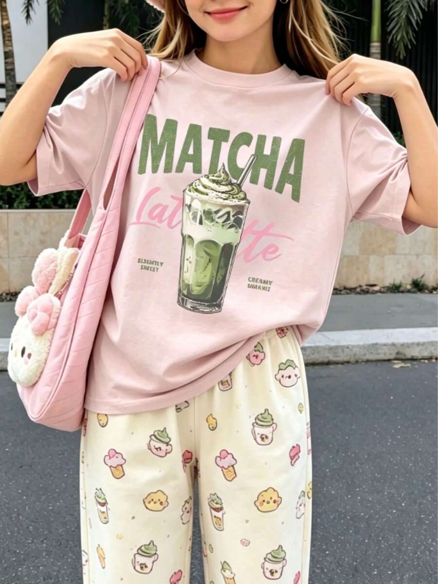 少女印花短袖T恤，学生青少年服装，夏季上衣，专为准备玩耍的女孩设计 - 粉色 - 查看 1