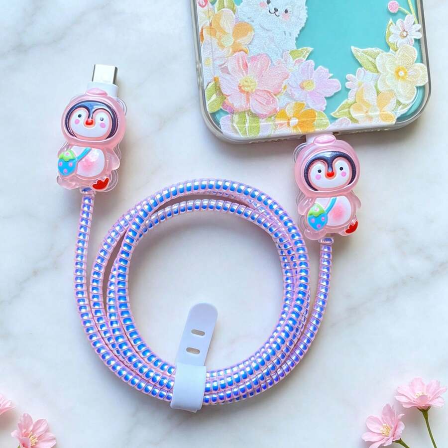 Protector de cable para cargador Tipo-C, protector de cable de teléfono de plástico con diseño 3D de dibujos animados lindos, protector de cable de carga, protector - Rosa - Ver 1