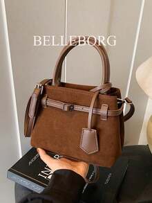BELLEBORG 高級休閒拼色通勤復古帆布扣環百搭女款小方包 - 咖啡 - 查看 1