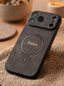 Custom Engraved Initial Magnetic Faux Leather Phone Case, Luxury Large Camera Cutout Shockproof Protective Cover, Personalized Letter Pattern Wireless Charging Phone Case, Compatible With IPhone 18 17 16 15 Pro Max - Dark Grey - View 5