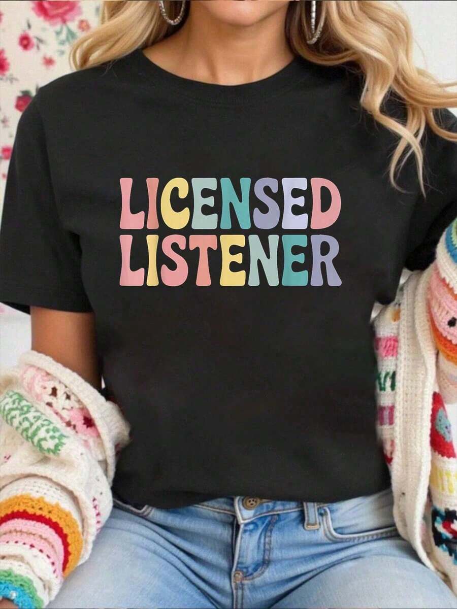 Women's Licensed Mental Health Counselor T-Shirt, Therapy T-Shirt, Comfortable T-Shirt, Casual Short Sleeve Crew Neck T-Shirts For Women - 黑色 2 - 查看 1