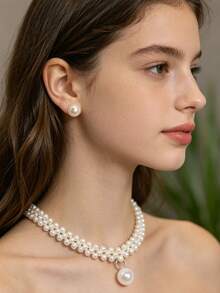3er/Set minimalistisches modisches Kunstperlen-Halsketten- & Ohrring-Schmuckset, für Mädchen entworfen, geeignet für Alltag, Party, Bankett, Feiertagsgeschenk - Einheitsgröße - Übersicht 2