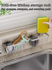 Stainless Steel Kitchen Storage Rack For Sponges, Dishcloths, Ginger, Garlic, And Scallions; A Drill-Free, Self-Draining Design That Is Waterproof And Moisture-Resistant-Easy To Install Without Damaging The Wall. - Multicolor - View 2