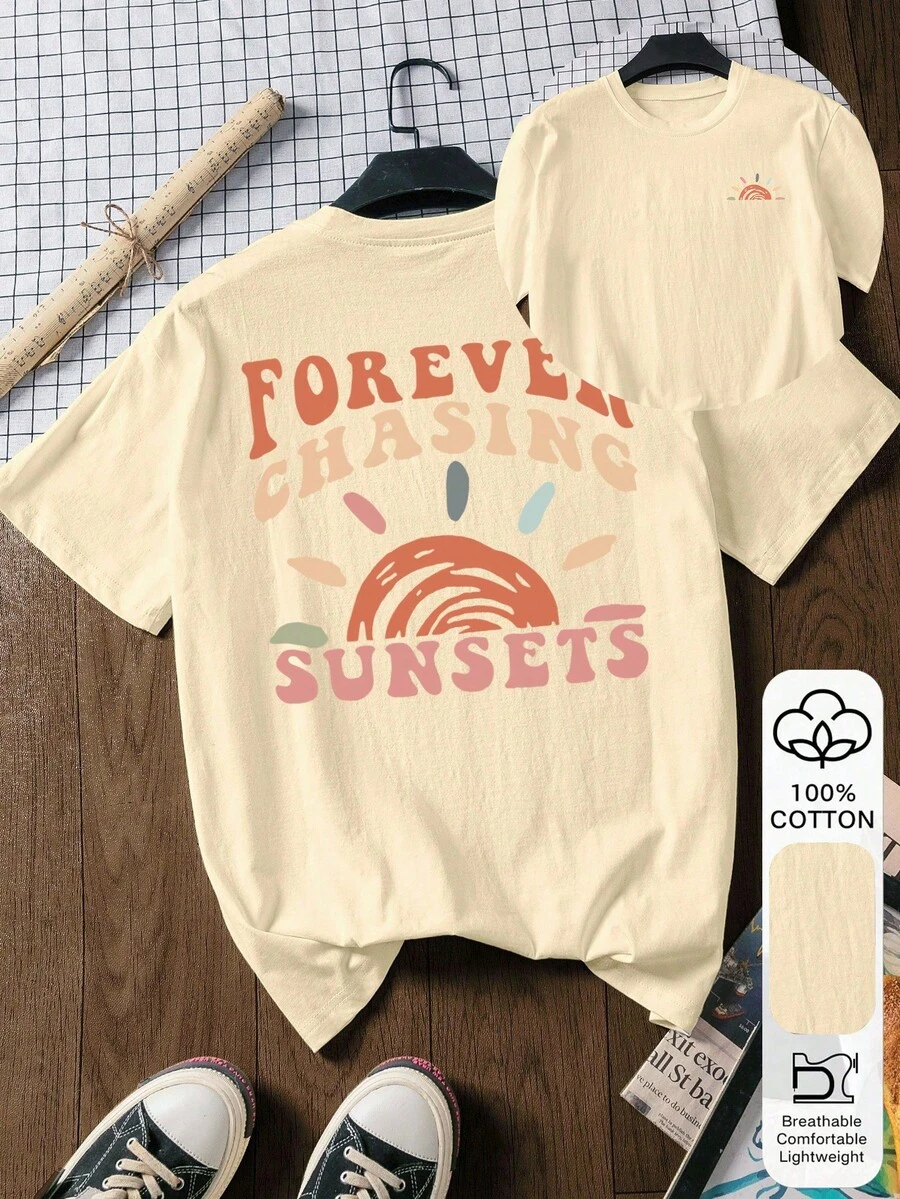 Fashionable, Casual, Short-Sleeved, 100% Cotton Top For Women, With Sun Print, Summer Clothes, Outdoor Activity Outfit, Back To School Outfit, White Color. - 裸體 - 查看 1