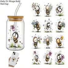 12 piezas/Set Patrón de Abeja Floral Acuarela Transferencia UV Adecuado - Para Manualidades DIY, Tazas, Portátiles & Botellas de Agua, Plástico Autoadhesivo, Decoración de Tazas DIY, Portátil, Decoraciones Festivas, Diseños Festivos, Impresiones de Alta Calidad, Duradero - Multicolor - Ver 4