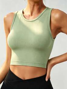 Women's Summer Round Neck Sleeveless Outdoor Running Tank Top, Solid Color Versatile Outdoor Tennis T-Shirt Sports - Grass Green - View 5