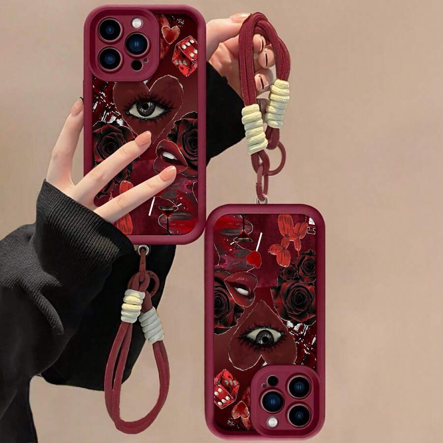Funda para teléfono con diseño de collage de ojos y labios en tonos rojos oscuros. Compatible con Samsung, Apple, VIVO, OPPO, , Transsion, , y Honor. Fabricada en silicona TPU, ofrece protección contra golpes y caídas. - Burdeos - Ver 1