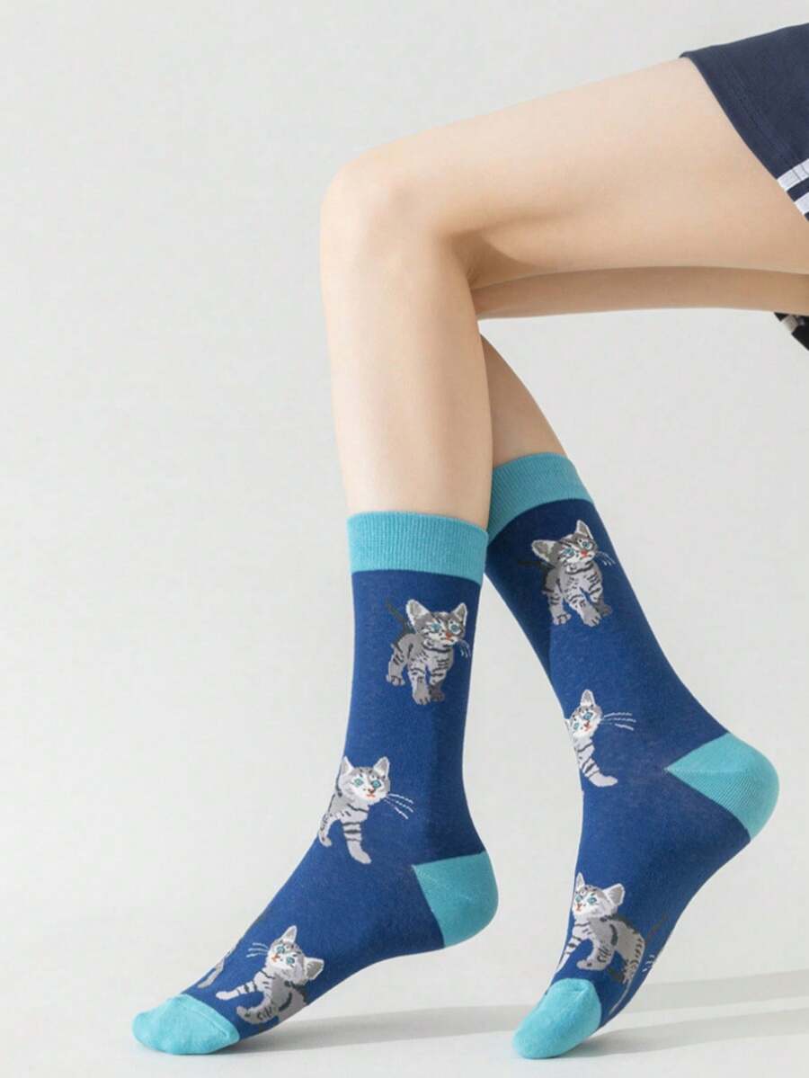 1 par de calcetines de media pantorrilla talla grande para mujer con estampado de gato de dibujos animados, estilo pareja, calcetines largos para primavera, otoño e invierno - Azul - Ver 1