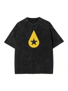 1 pieza Playera para Hombre con Estampado de Gota y Estrella Amarilla, Camiseta Minimalista con Dise?o único, Lavado Desgastado, Estilo Casual, Manga Corta - Negro - Ver 1