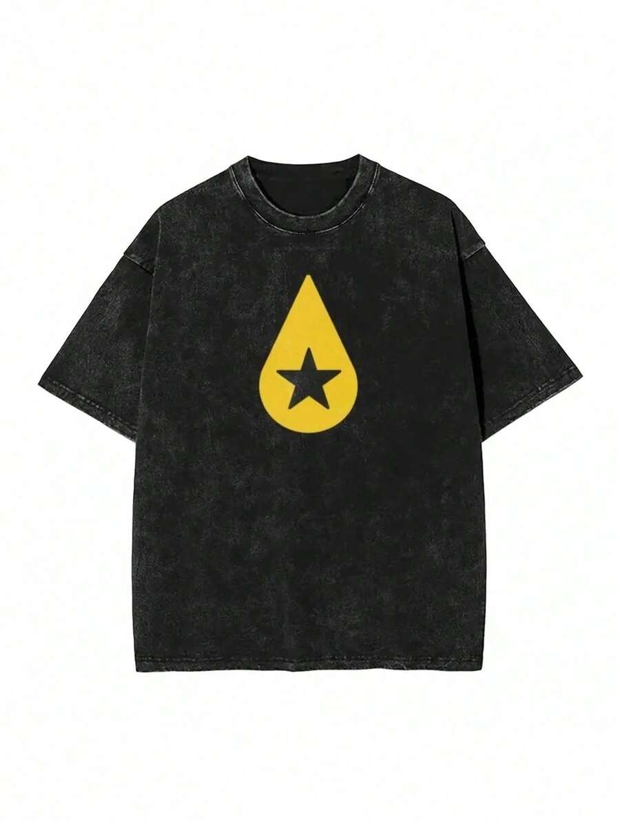 1 pieza Playera para Hombre con Estampado de Gota y Estrella Amarilla, Camiseta Minimalista con Dise?o único, Lavado Desgastado, Estilo Casual, Manga Corta - Negro - Ver 1