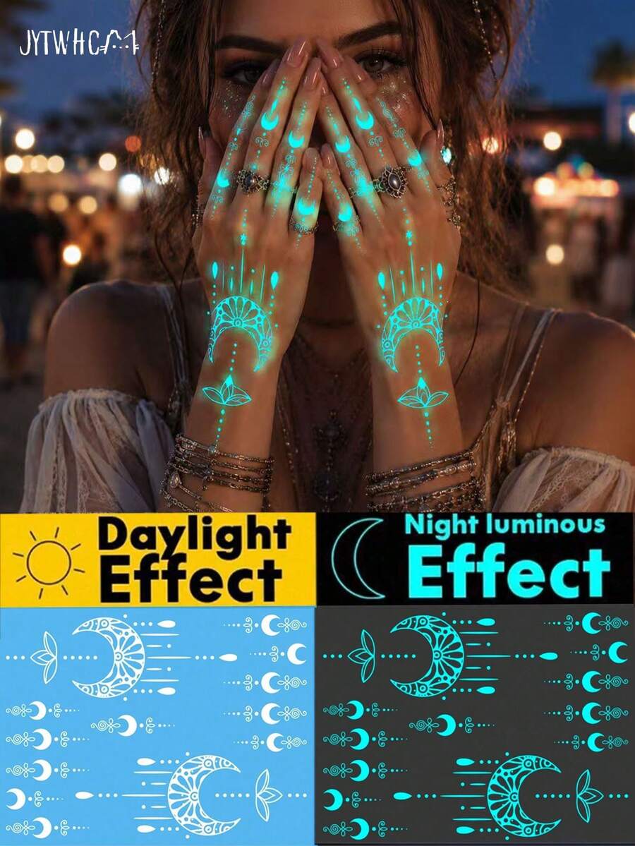 （光照后会发光）1 张蓝色夜光和白色墨水发光原创人体艺术临时纹身贴纸，带有闪亮的指甲彩绘设计，适用于手部，以月亮和几何图案为特色，可持续 2-5 天。