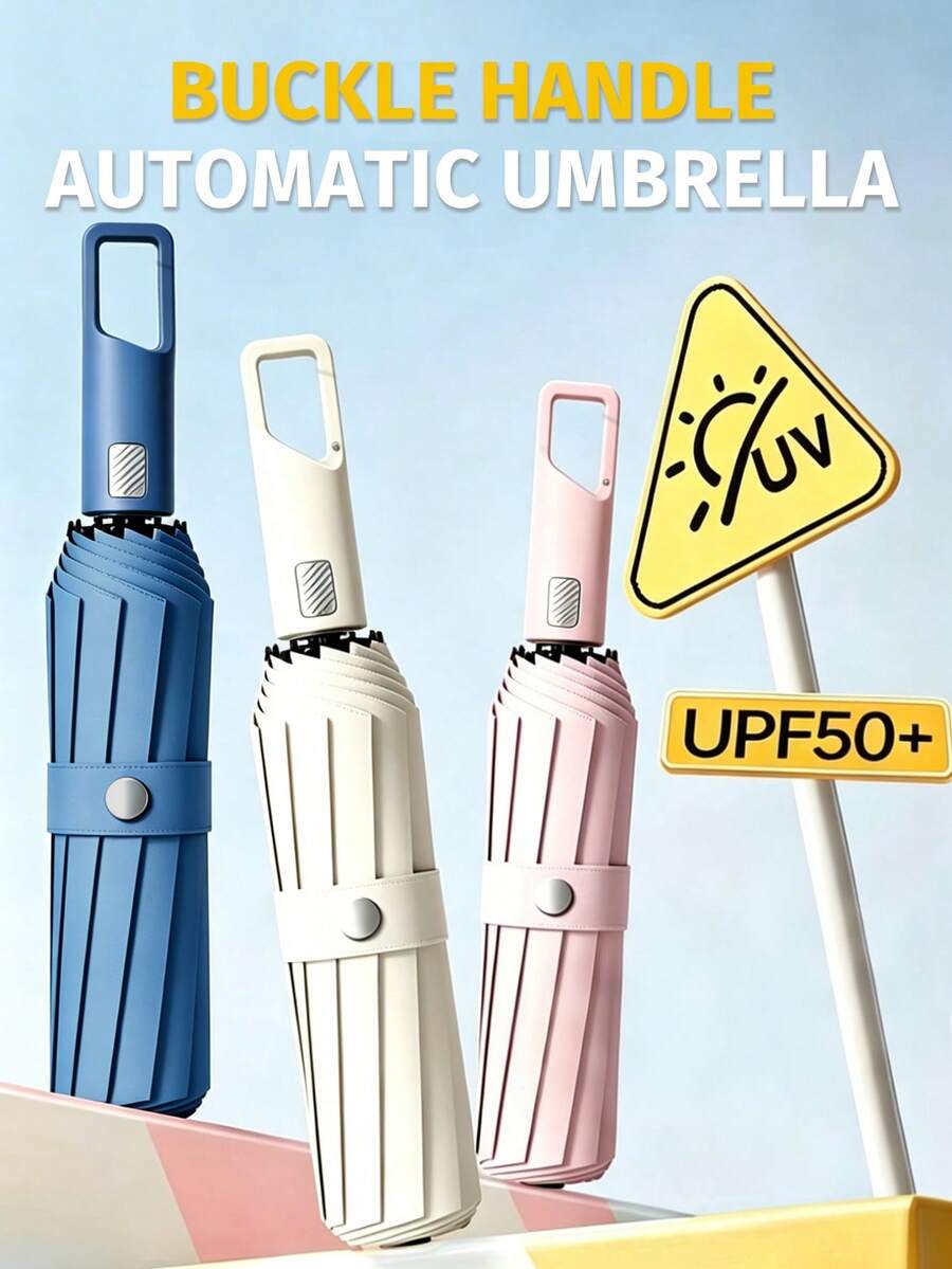 Unisex Automatic Umbrella, Reinforced Ribs, Foldable, Portable, Durable UV Protection, Dual Use For Sun And Rain (Umbrella Fabric, Rib Color, English Letter Pattern Design, Button Shape And Color Can Be Freely Matched) - Multicolor - View 1