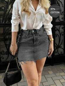 Minifalda de mezclilla con dobladillo deshilachado estilo vintage Y2K, falda ajustado ajustada de cintura alta con forma de corazón, diseño de verano, vestido de verano para mujer, ropa de v - Gris Oscuro - Ver 13