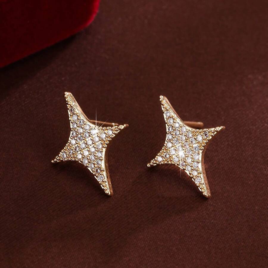 1 par de pendientes de botón pequeños con diseño geométrico de estrella de cuatro puntas y circonita cúbica para mujer - Multicolor - Ver 1