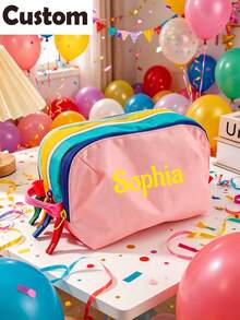 Customizable Name Large Capacity Color Block Makeup Bag, Portable Waterproof Travel Toiletry Storage Bag, Multi-Layer Cosmetic Organizer, Bridesmaid Gift For Women, Personalized Beach And Daily Use Makeup Bag, Aesthetic - Multicolor - View 7