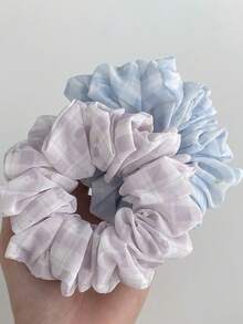 2 piezas de coleteros finos de verano estilo bosque fresco para niña, azul claro y morado pálido, con estampado floral menudo y cuadros, multiplisados, suaves y elegantes, elásticos para coleta y bandas de goma - Multicolor - Ver 4