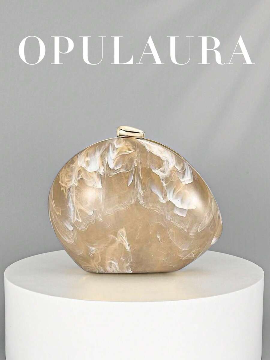OpulAura 女款極簡風時尚金色 PU 壓紋設計方型晚宴手拿包,適合宴會、婚禮場合,可用作新娘手提包,配有鏈條肩帶 - 杏色 - 查看 1