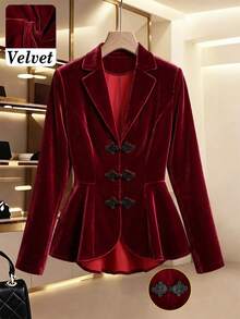 Women's Autumn/Winter Elegant Commute Holiday High-Quality Chinese Style Frog Button Decor Cinched Waist A-Line Long Sleeve Blazer - Burgundy - View 1