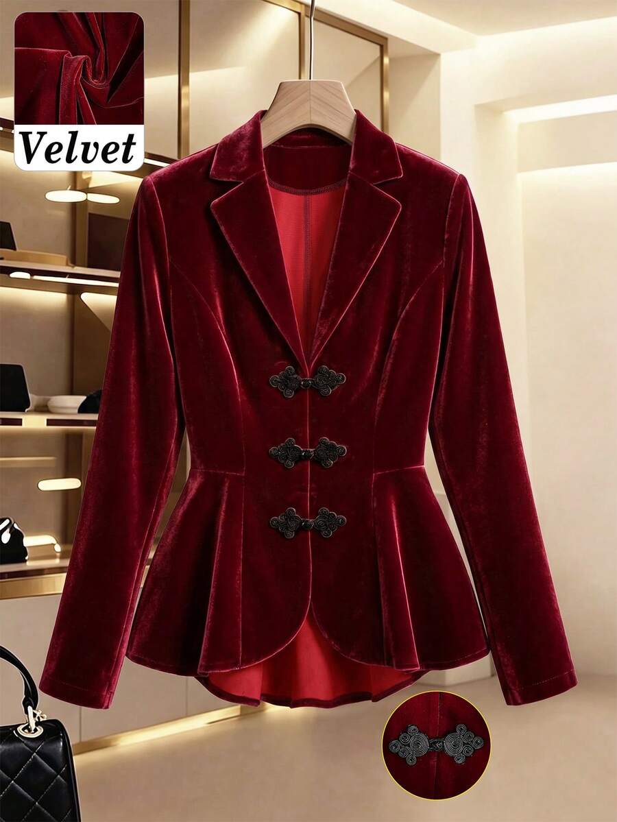 Women's Autumn/Winter Elegant Commute Holiday High-Quality Chinese Style Frog Button Decor Cinched Waist A-Line Long Sleeve Blazer - Burgundy - View 1