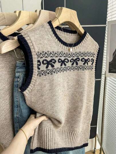 Women's Sleeveless Round Neck Knitted Vest Top With Graphic Pattern For Fall Winter Outfits,Autumn Outfit For Women,Ops For Going Out
