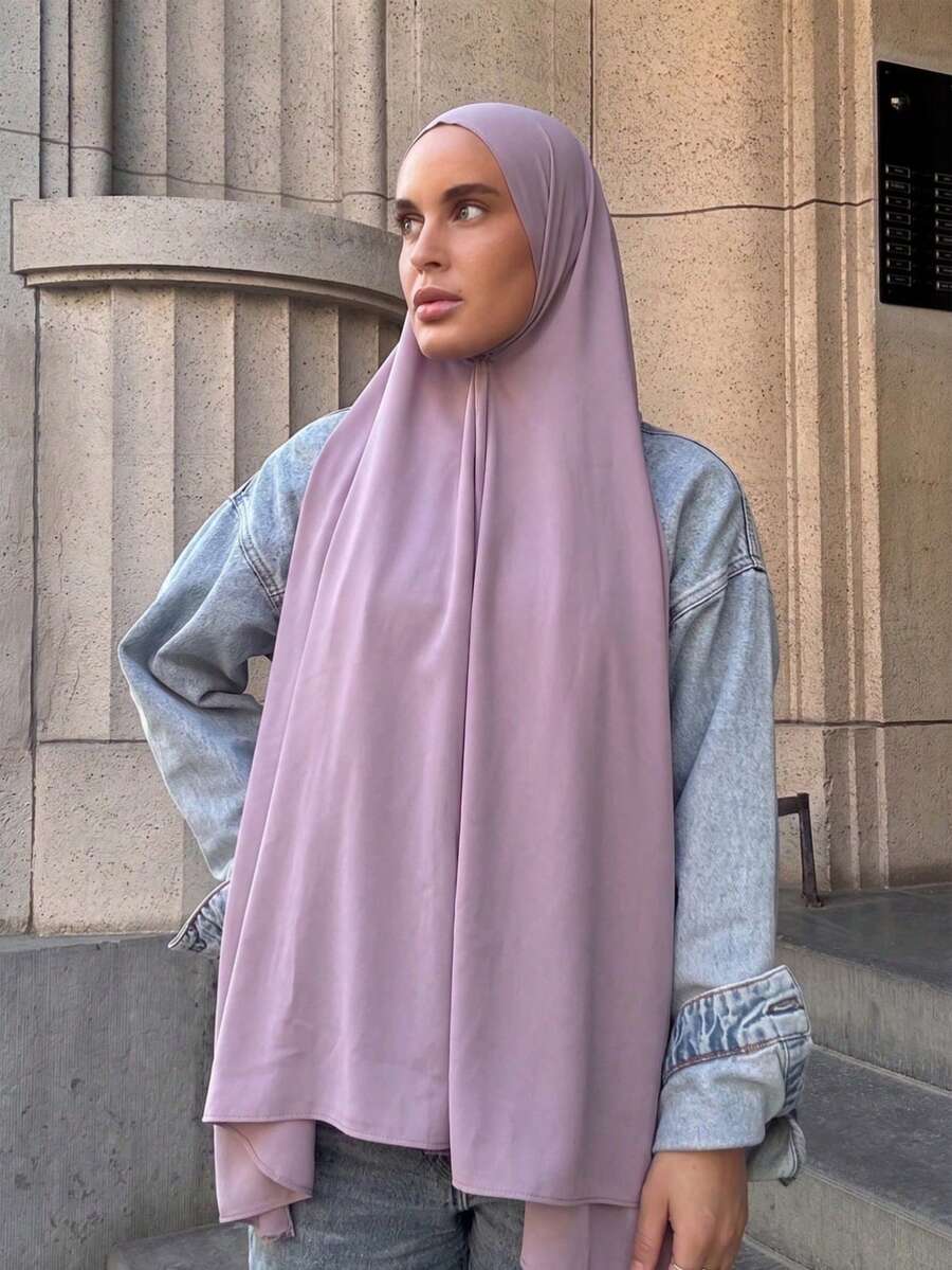 1pc Lilac Seamless Viscose Muslim Headscarf, Soft & Breathable, No Pins Needed, Elegant Daily Wear Hijab - Mauve Purple - View 1