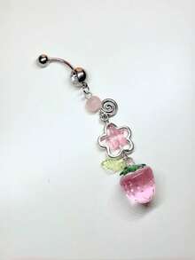 1pc 14G Stainless Steel Flower Belly Ring For Women CZ Strawberry, Star Belly Button Rings Y2k Cute Belly Piercing Jewelry, For Daily, Gift, 10MM - Multicolor - View 6