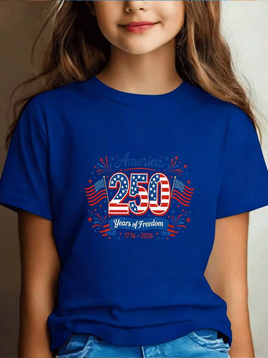 Girls America 250 Years Of Freedom 1776-2026 Graphic Tee, Patriotic 4th Of July Red Short Sleeve T-Shirt - 寶藍色 - 查看 1