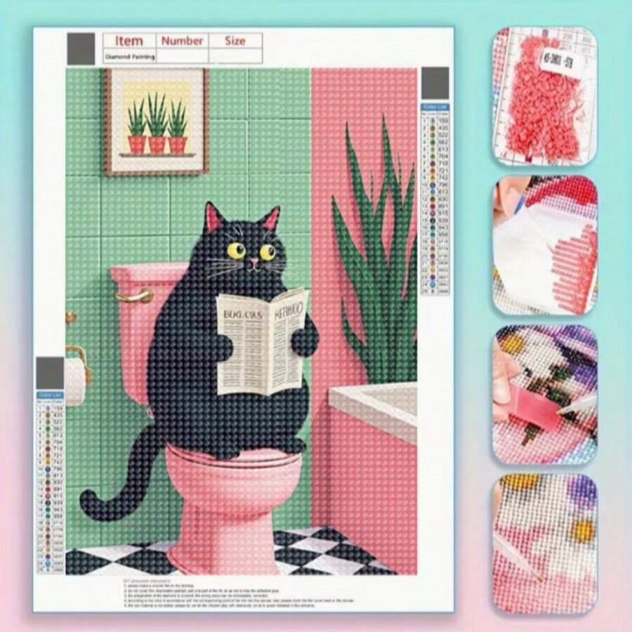 Cute Cartoon Theme Diamond Painting Kit For Adults - Black Cat Sitting On Pink Toilet, Self-Adhesive Shiny Diamond Art, Frameless Bathroom Scene DIY Craft, Fun Novelty Gift For Birthday, Anniversary, Home Decor, Canvas Wall Art, Wall Decoration - View 1