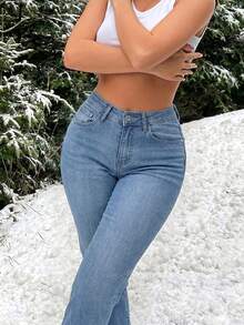 Y2K High-Waisted Skinny Light Blue Cropped Length Jeans, Stretchy Slim Fit Jeggings Fall - Light Wash - View 3