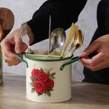 1pc Floral Print Enamel Utensil Holder, Divided Kitchen Cutlery Storage Bucket With Handle, Countertop Organizer For Chopsticks, Spoons & Forks, Vintage Farmhouse Style Kitchen Decor - Multicolor - View 7