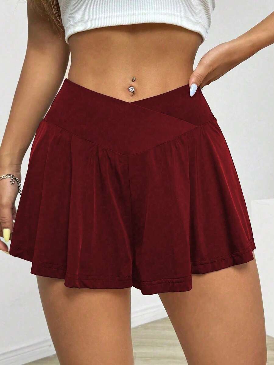 Women's Plus Size Solid Color Knit Shorts, Asymmetrical Design, Short Length, Comfortable Fit, Black, Summer Sports - Army Green - View 1