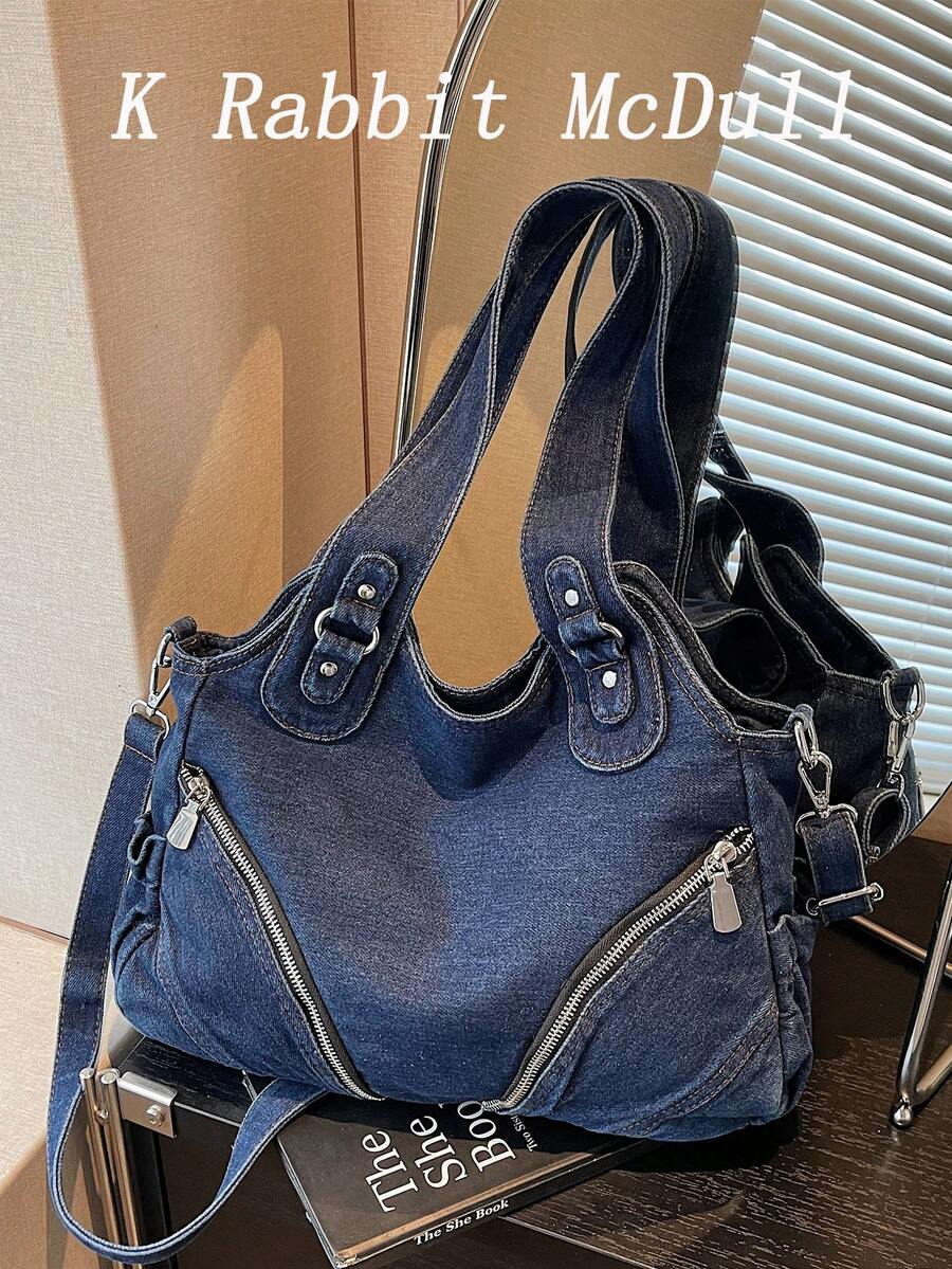 新款休閒時尚水洗牛仔大容量托特包，女款復古百搭通勤單肩斜背包，適合通勤與購物