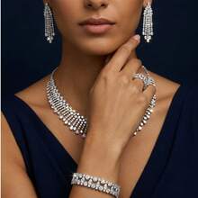BIIDETALK 4-teiliges luxuriöses Schmuckset im saudi-arabischen Stil mit Wasserfall-Design, Tropfen-Quasten-Halskette, Armband, Ring & Hängeohrringe, für Abendparty & Hochzeit für Frauen - Platin + weißes Zirkonium - Übersicht 2