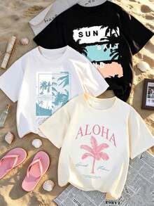 3 pc Conjunto de tres piezas de camiseta de manga corta holgada con cuello redondo y estampado retro de paisaje de coches y sol, unisex, cómodo adecuado para atuendos urbanos, hip-hop, - Blanco - Ver 1